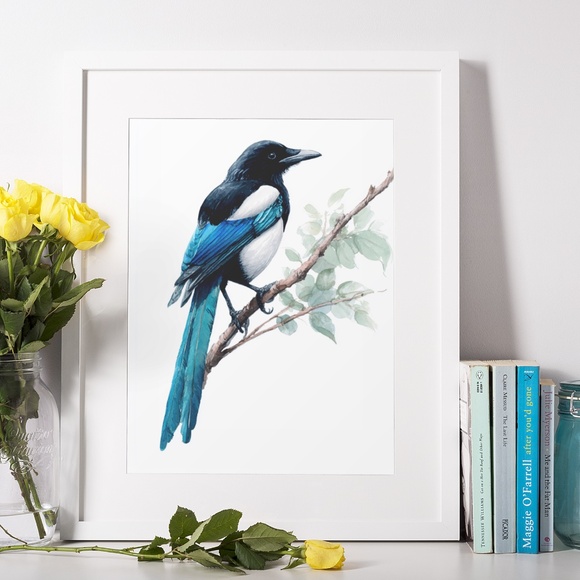 Watercolor Magpie Bird Wall Art Print, Unframed - Elegant Nature-Inspired Decor - Picture 6 of 6